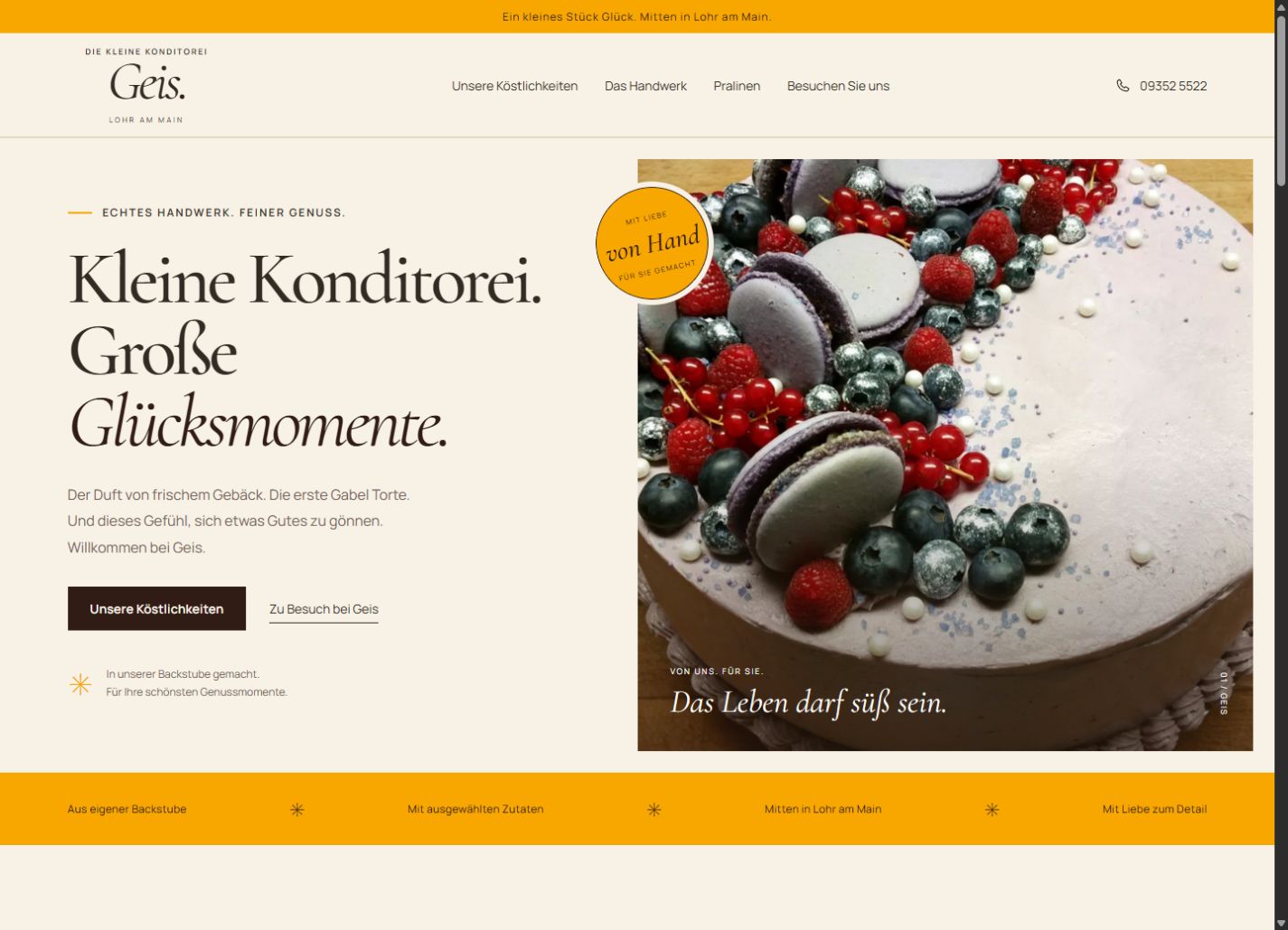 Website-Entwurf für die Konditorei Geis mit Tortenfotografie und eleganter Schrift