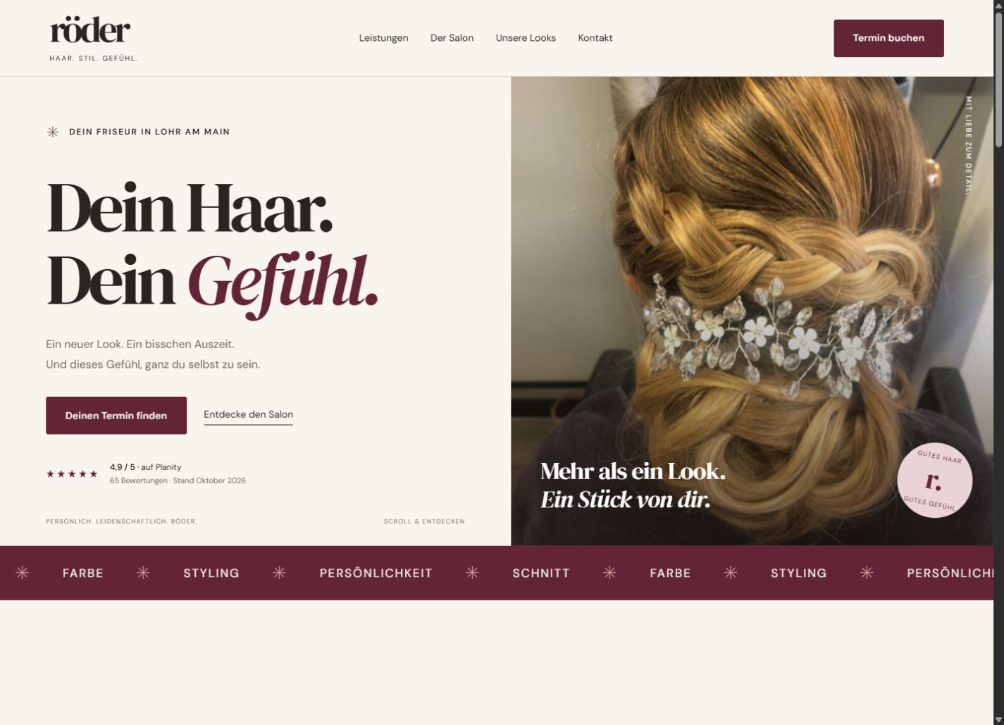 Website-Entwurf für Salon Röder mit warmer Farbwelt und großflächiger Fotografie
