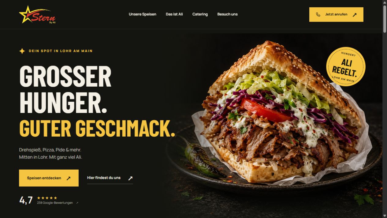 Website-Entwurf für Stern by Ali mit gelben Akzenten und großem Food-Motiv