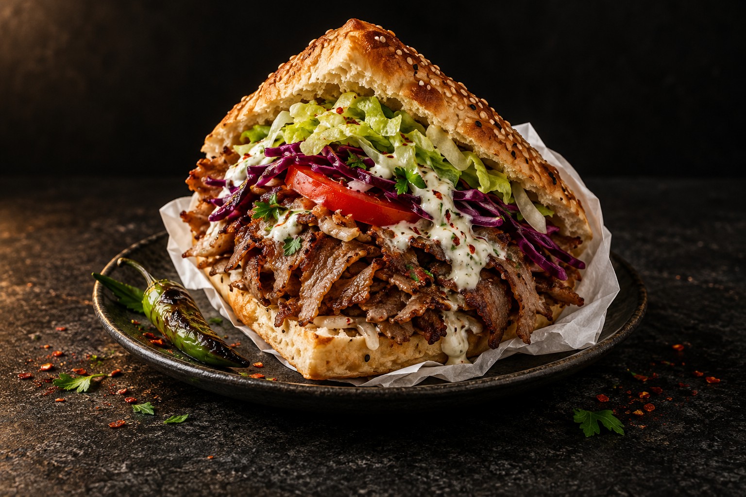 Illustratives Food-Motiv: gefülltes Fladenbrot mit Fleisch, Salat und Sauce